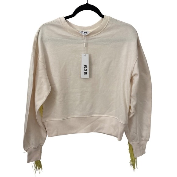 525 Womens XS Cream Sweatshirt Yellow Fringe Crew Neck Long Sleeve - Picture 2 of 7